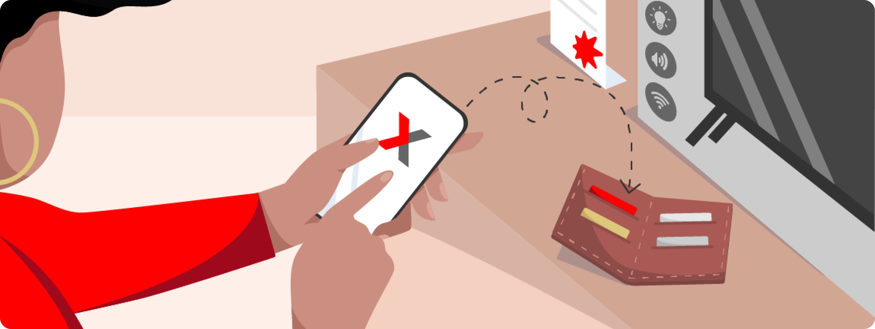 Illustration of a person holding a smartphone. A table with a wallet in the background and and arrow pointing from the phone to a card in the wallet.