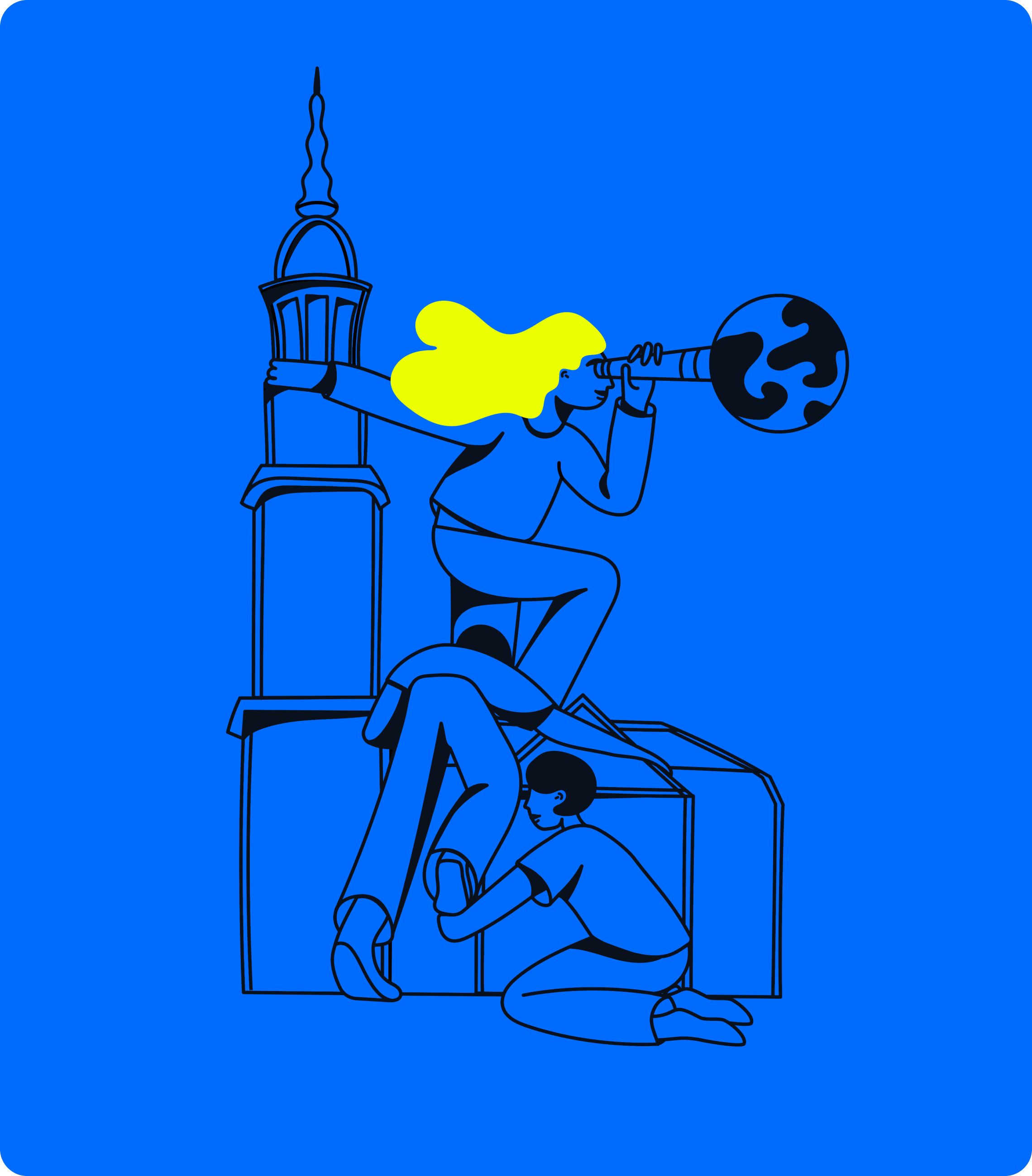 Blue illustration of someone looking through a looking glass directly at earth (which is attached to the looking glass). Multiple people are climbing on top a small building.