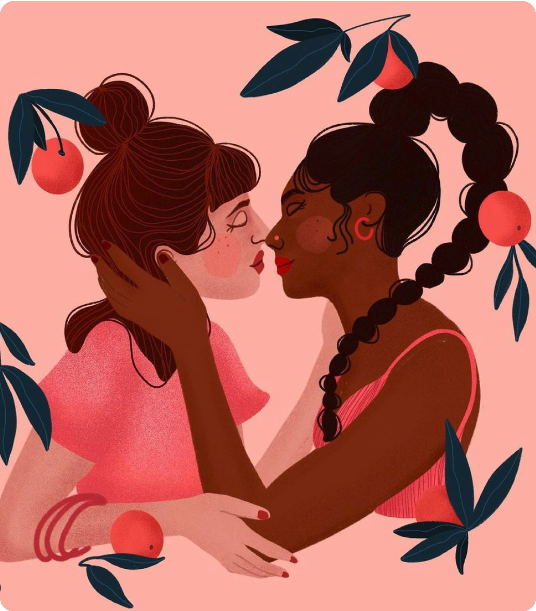 Illustration of two people leaning into a kiss.