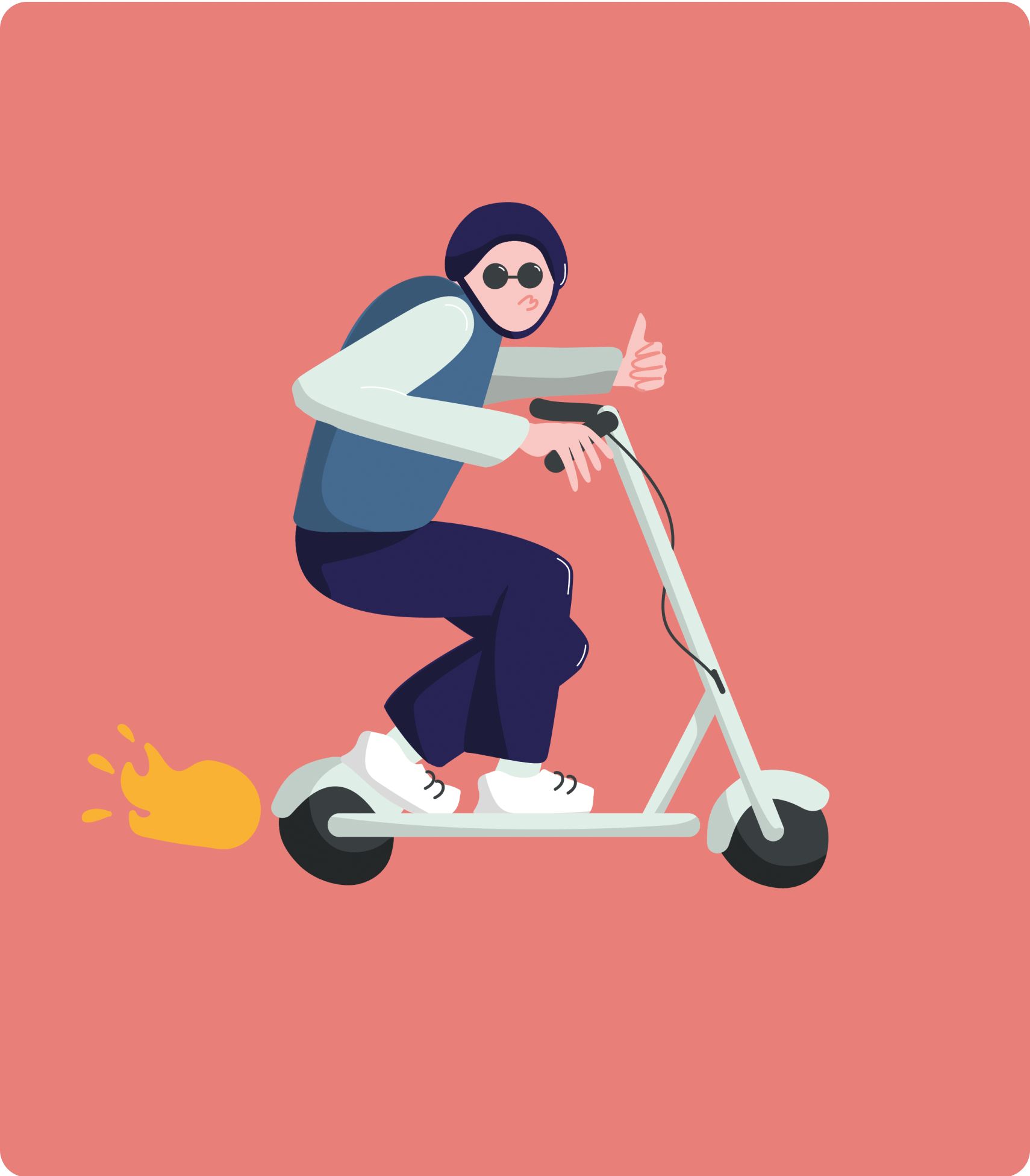 Illustration of a person riding an e-scooter and giving a thumbs up.
