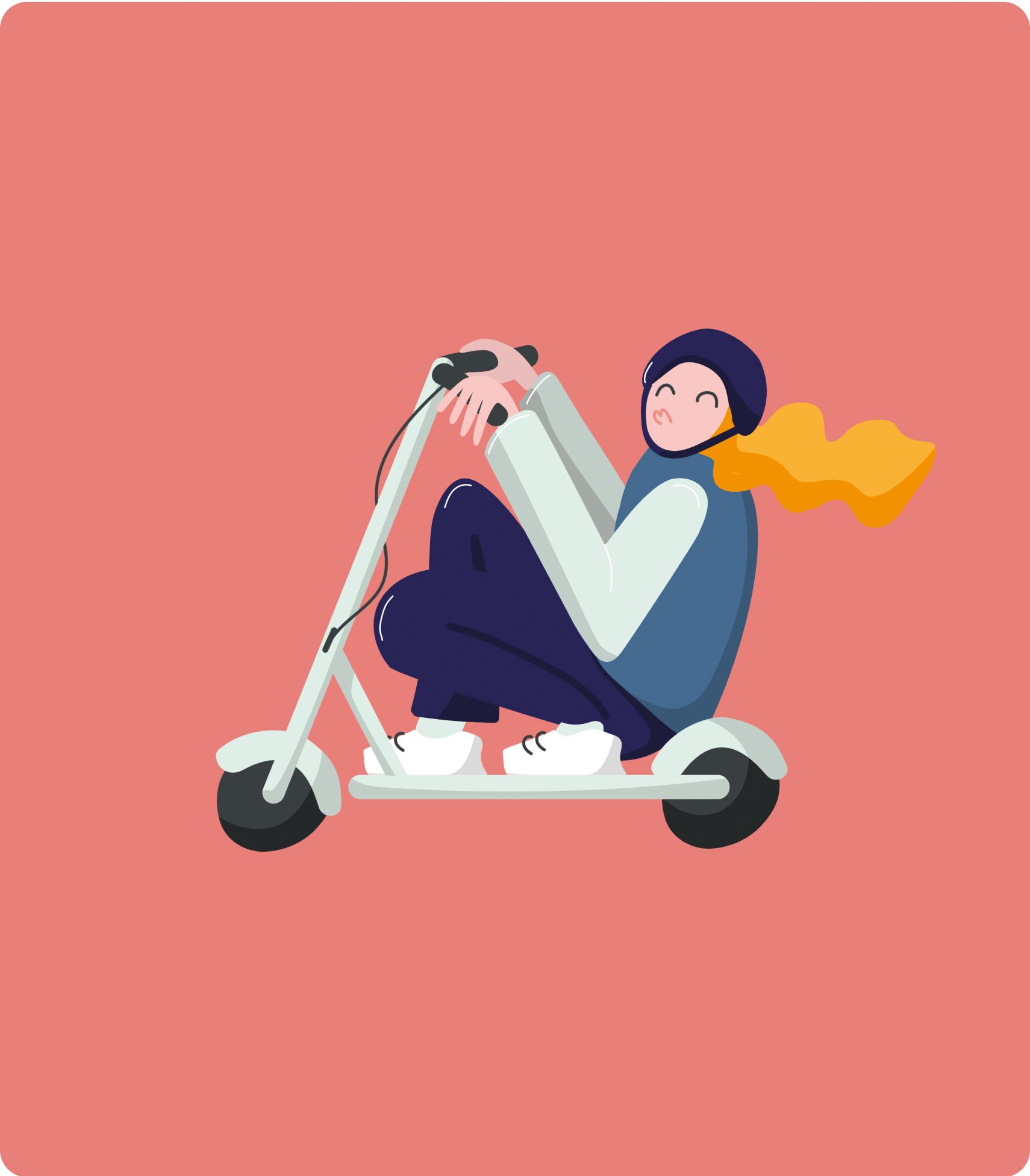 Illustration of a person riding a scooter sitting down.