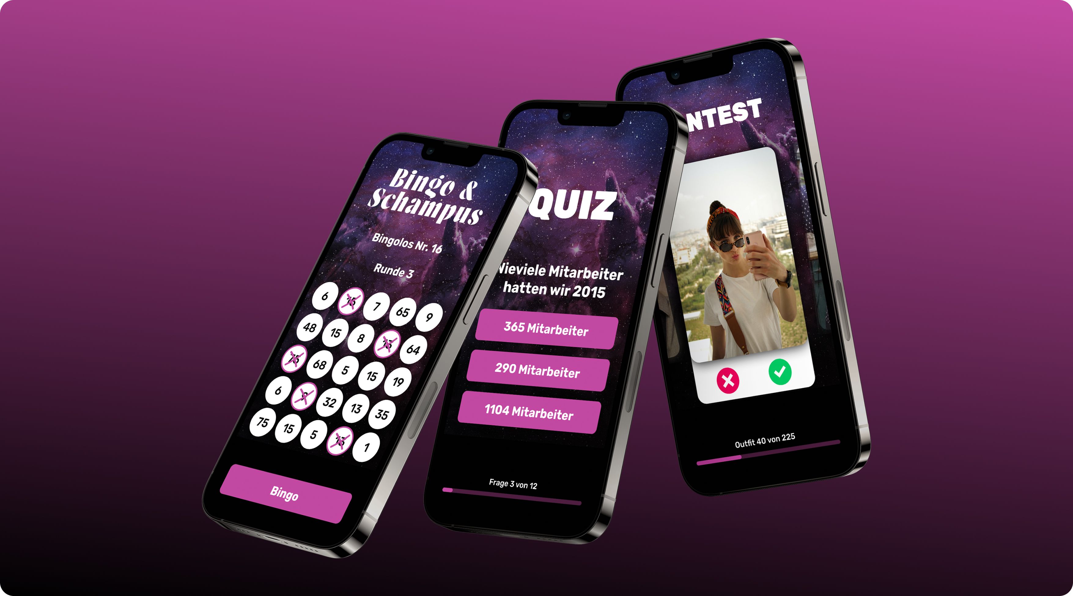 An early Design state of our “Bingo & Champagne” Webapp with quiz and voting integration. 
