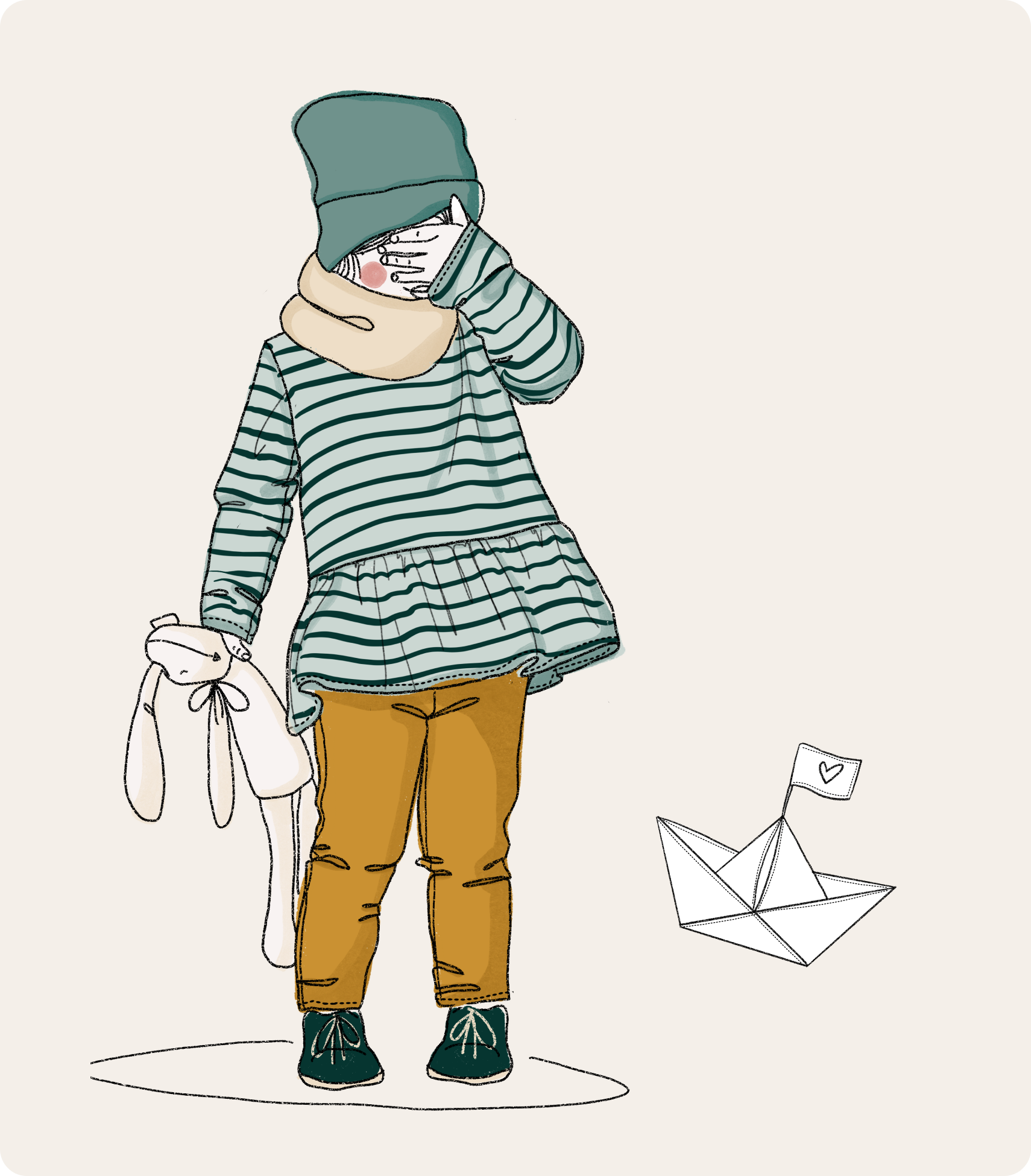 Illustration of a kid with a stuffed animal and a paper boat.