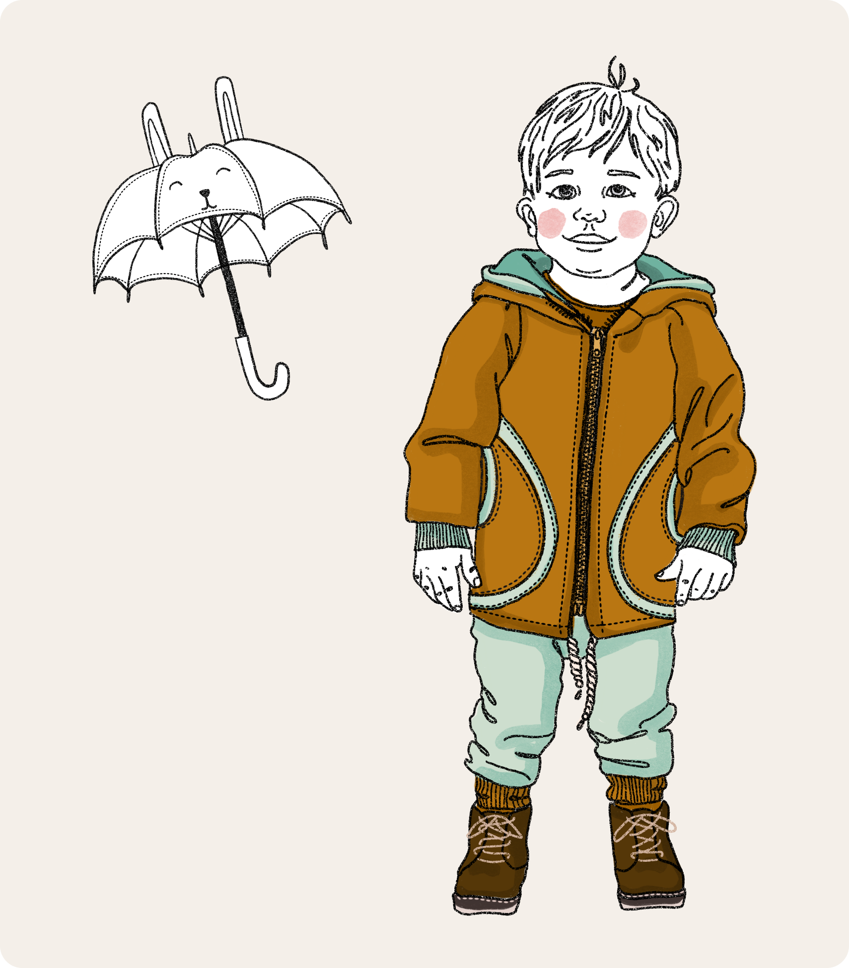 Illustration of a boy with a floating umbrella.