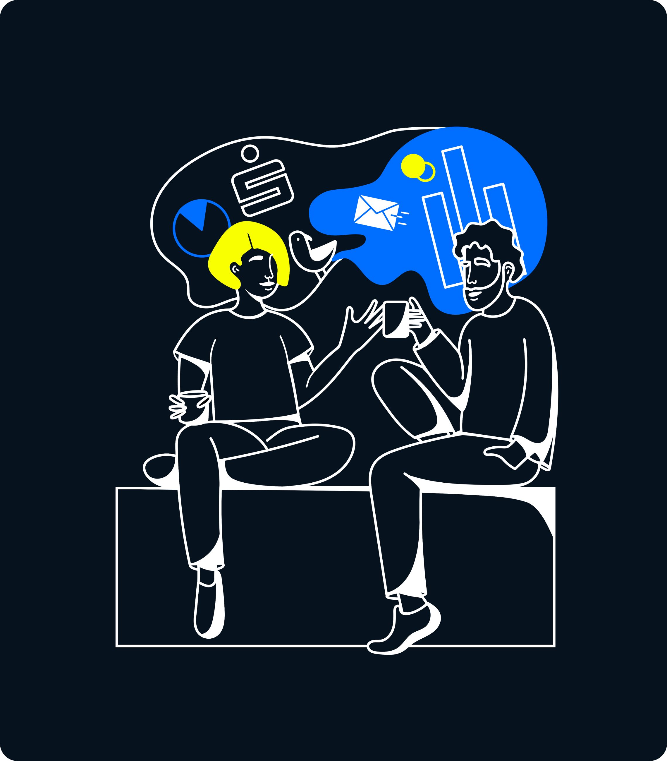 Dark illustration of two people talking about banking.