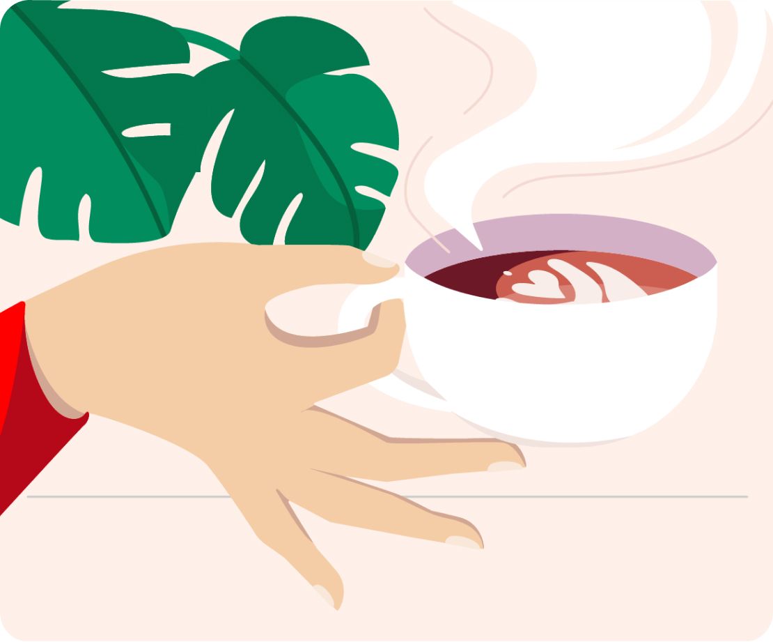 Illustration of a hand holding a coffee with latte art.