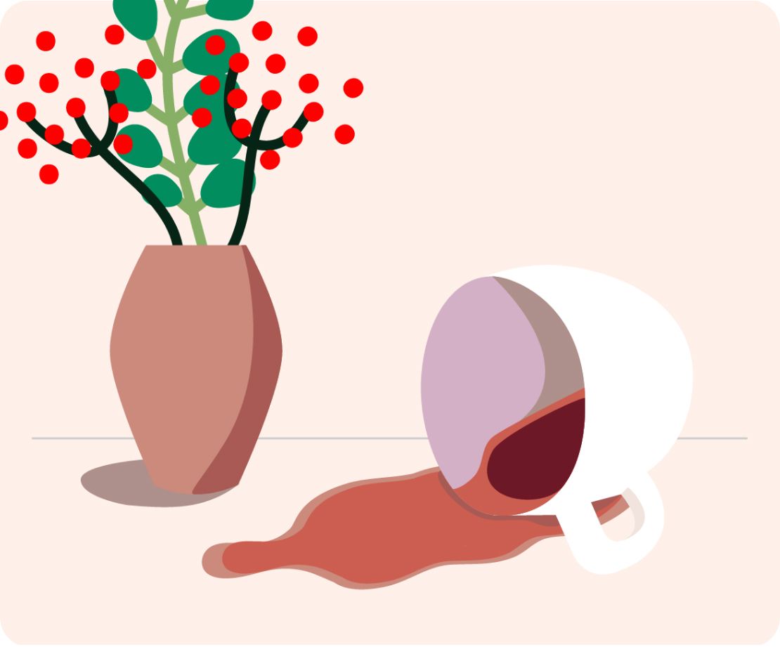 Illustration of a flower and a cup of coffee which fell over and spilled the coffee.