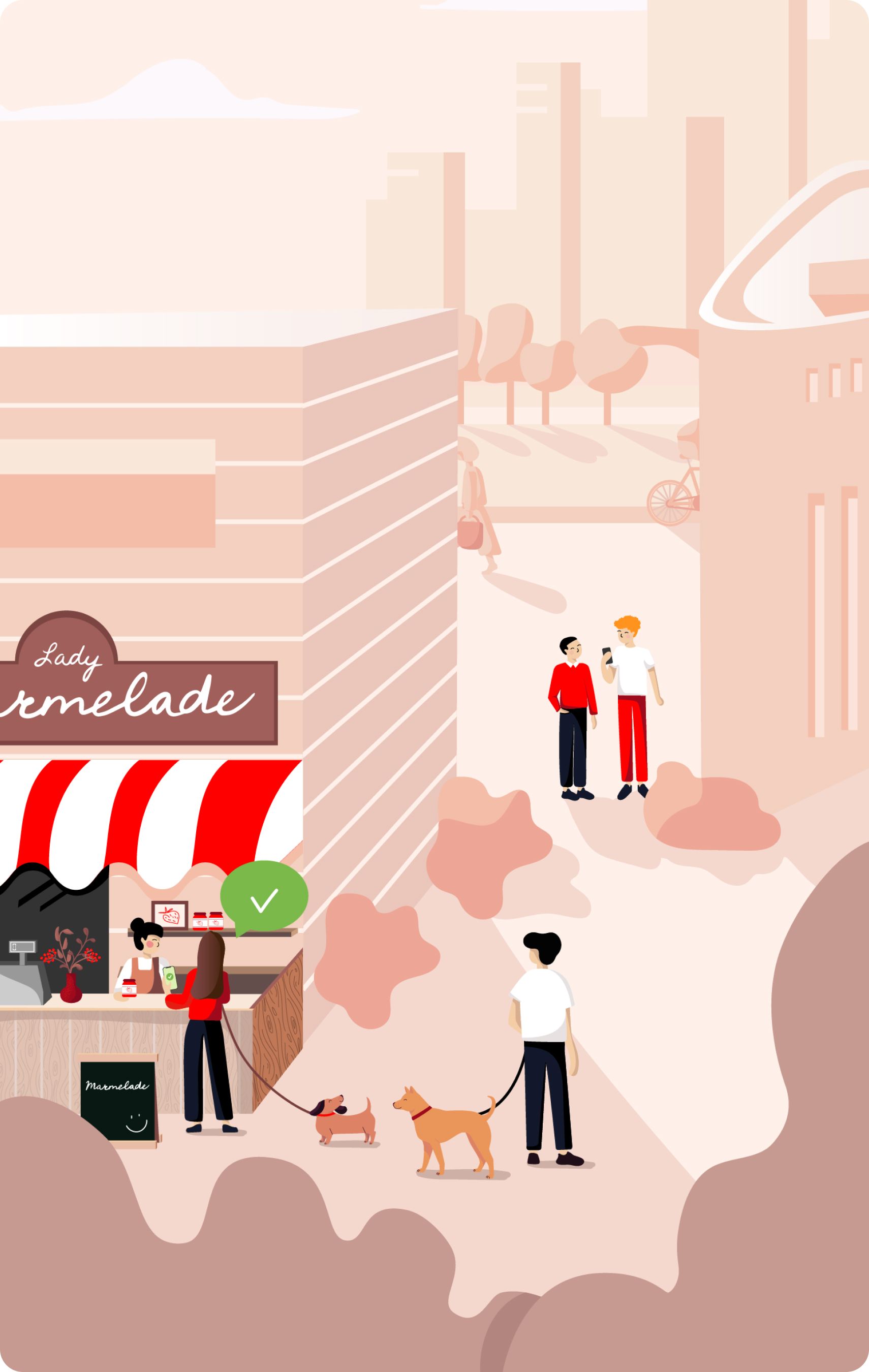 Illustration of a small store surrounded by a park and buildings. There are people and dogs.