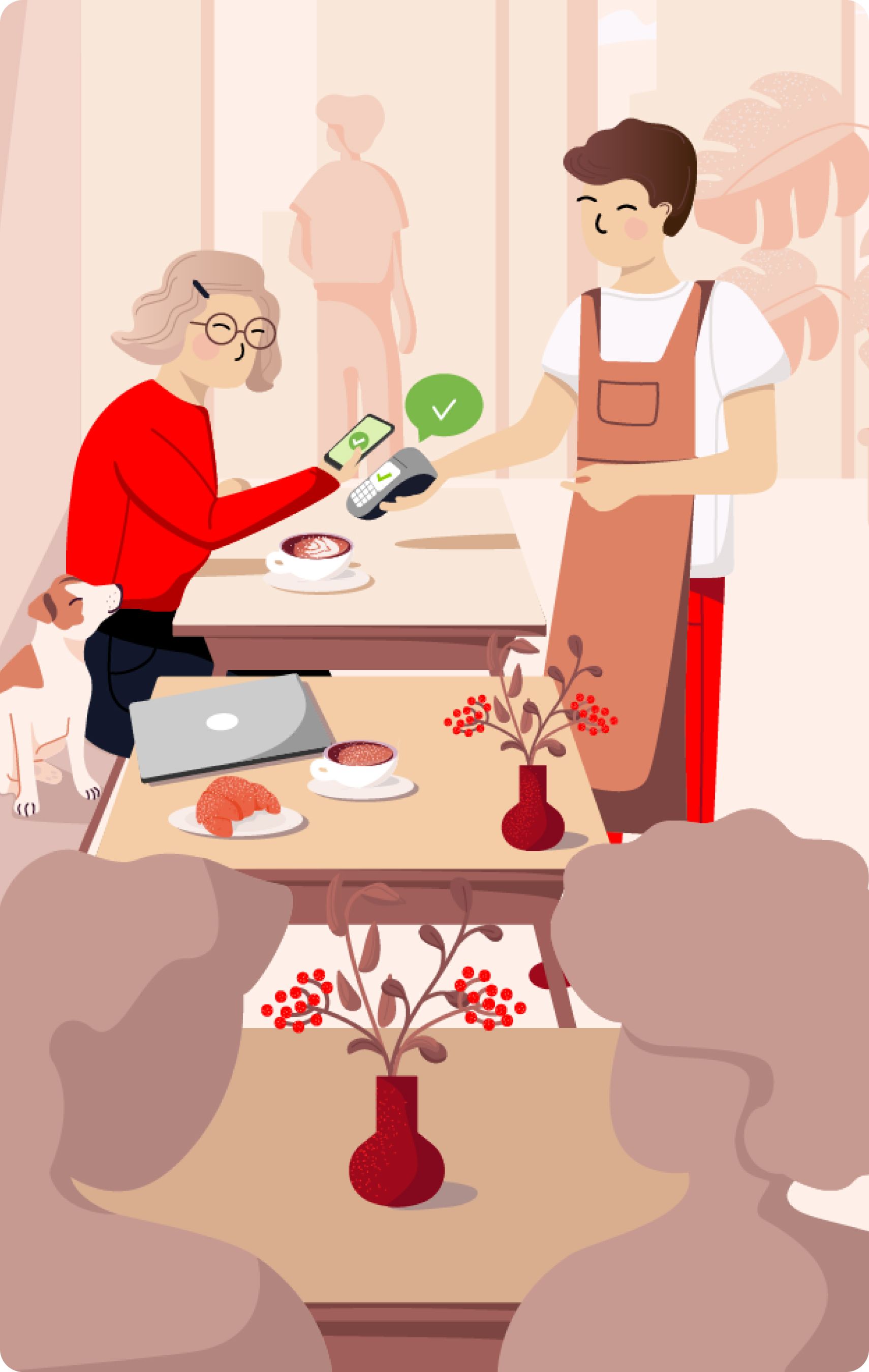 Illustration of a person paying contactless inside a restaurant.